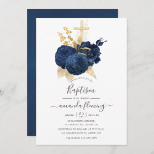 Navy Blue and Gold Vintage Rose Baptism Invitation