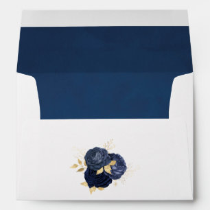 Navy Blue and Gold Vintage Shabby Roses Wedding Envelope