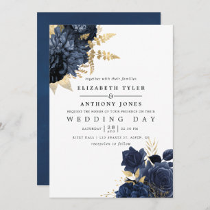 Navy Blue and Gold Vintage Shabby Roses Wedding Invitation