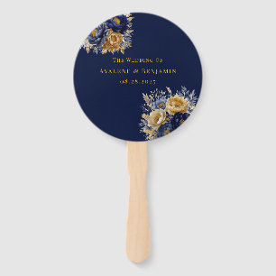 Navy Blue and Gold Watercolor Peonies Wedding Hand Fan