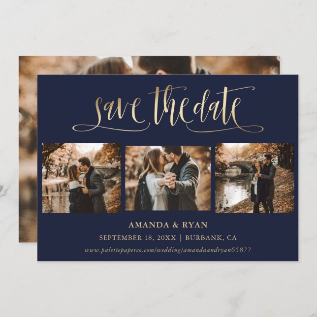 Navy Blue and Gold Wedding 4 Photo Save The Date (Front/Back)