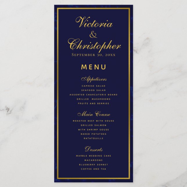 Navy Blue and Gold Wedding Dinner Menu (Front)