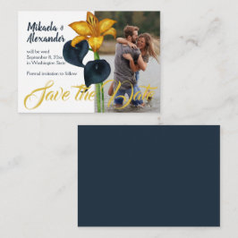 Navy Blue and Gold Wedding Save-the-Date Advice Card