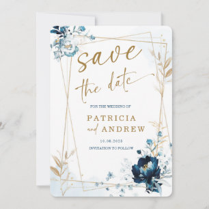 Navy Blue and Gold Wedding Save the Date Invitation