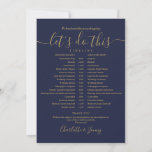 Navy Blue And Gold Wedding Schedule Timeline Card<br><div class="desc">This stylish navy blue wedding schedule timeline can be personalized with your wedding details in chic lettering. Designed by Thisisnotme©</div>