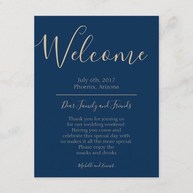 Navy Blue and Gold Wedding Welcome Itinerary Note Enclosure Card (Front)