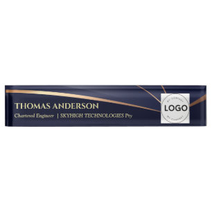 Navy blue and gold with logo  nameplate