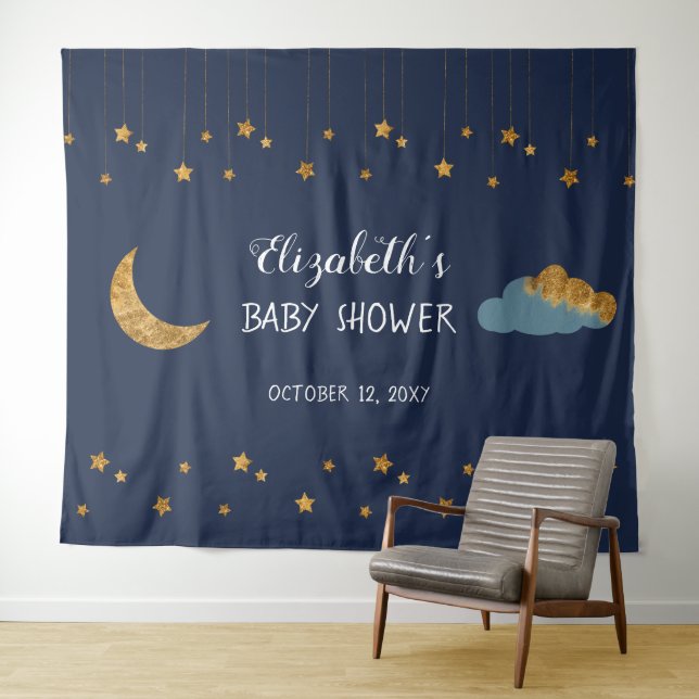 Navy Blue and Golden Stars Baby Shower Backdrop Tapestry (In Situ (Horizontal))
