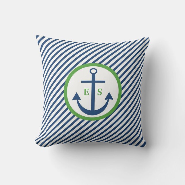 Navy Blue and Green Anchor Monogram Pillow (Front)