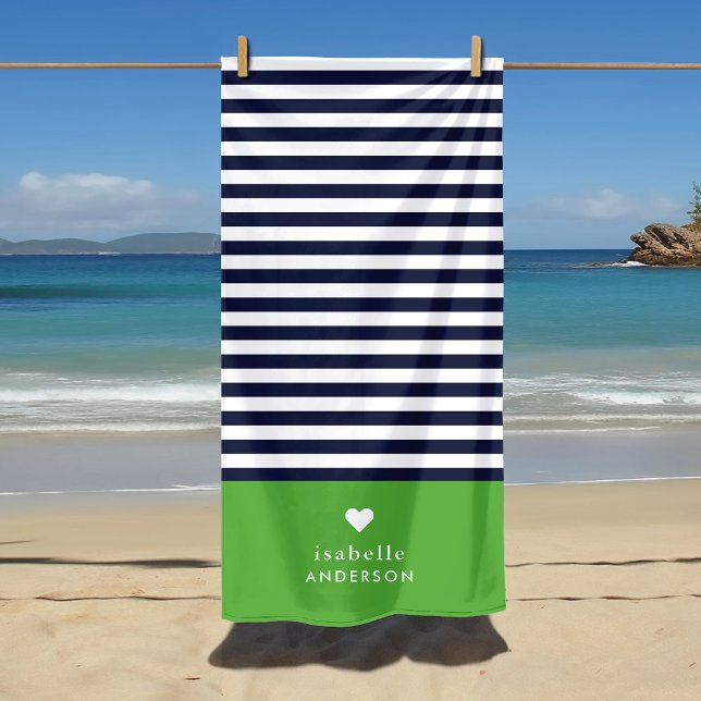 Navy Blue and Green Chic Stripes Heart Monogram Beach Towel (Creator Uploaded)