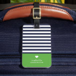 Navy Blue and Green Chic Stripes Heart Monogram Luggage Tag<br><div class="desc">Stylish custom printed luggage tag in green, navy blue and white colours. This design features a preppy classic navy and white striped pattern. Personalise it with your name monogram or other custom text with a cute heart symbol. Add your contact information on the back side in case your luggage is...</div>