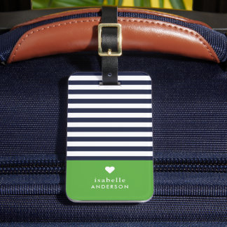 Navy Blue and Green Chic Stripes Heart Monogram Luggage Tag