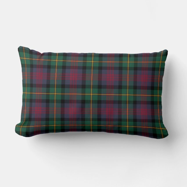Navy Blue and Green Clan Logan Scottish Plaid Lumbar Cushion (Front)