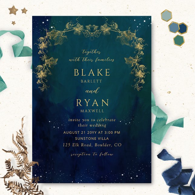 Navy, Blue and Green Enchanting Celestial Wedding Invitation (Creator Uploaded)