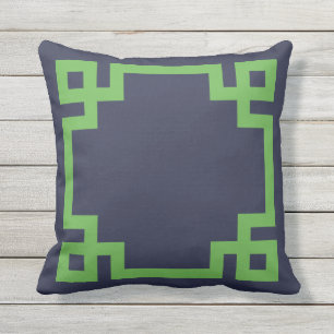 Navy Blue and Green Greek Key Border Outdoor Cushion