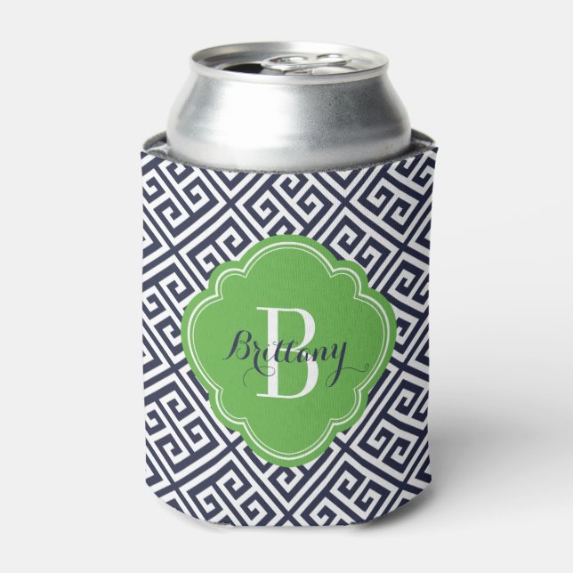 Navy Blue and Green Greek Key Monogram Can Cooler (Can Front)