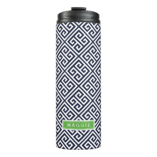 Navy Blue and Green Greek Key Monogram Thermal Tumbler