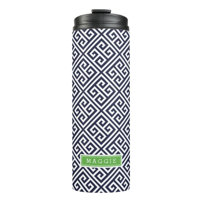 Navy Blue and Green Greek Key Monogram Thermal Tumbler (Front)