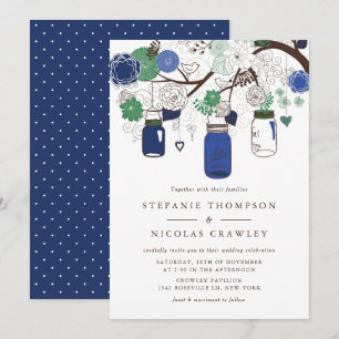 Navy Blue and Green Hanging Mason Jars Wedding Invitation