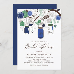 Navy Blue and Green Mason Jars Bridal Shower Invitation