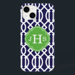 Navy Blue and Green Modern Trellis Monogram Case-Mate iPhone 14 Case<br><div class="desc">Cute Girly Trendy Chic Stylish Preppy Geometric Modern Trellis Pattern. Add your custom personalised monogram initials or name. Click the Customise It button to change fonts and colours for a unique one-of-a-kind design.</div>