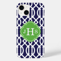 Navy Blue and Green Modern Trellis Monogram