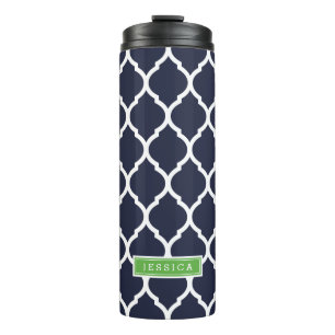 Navy Blue and Green Moroccan Quatrefoil Monogram Thermal Tumbler