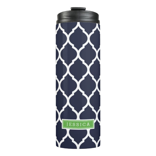 Navy Blue and Green Moroccan Quatrefoil Monogram Thermal Tumbler (Front)