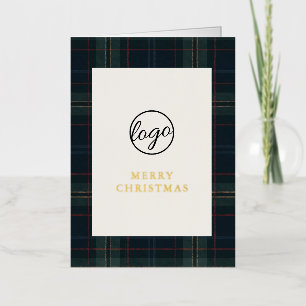 Navy Blue and Green Plaid Business Christmas Foil Holiday Card