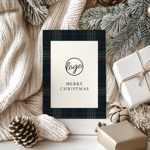 Navy Blue and Green Plaid Business Christmas Holiday Card