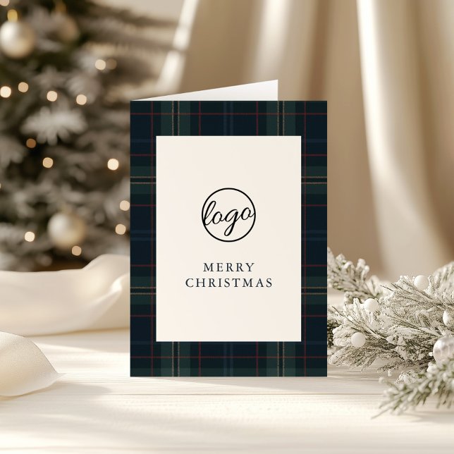 Navy Blue and Green Plaid Business Christmas Holiday Card (Creator Uploaded)