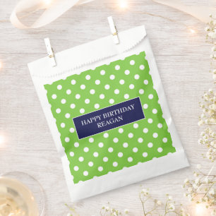 Navy blue and green polka dot personalised favour bag
