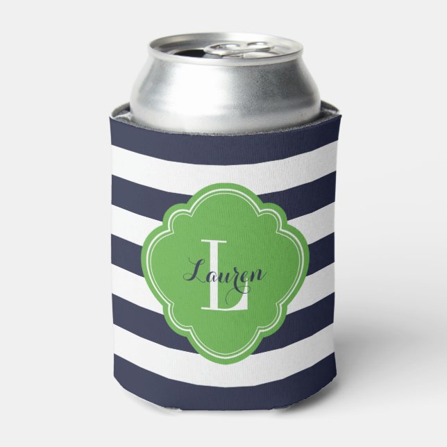 Navy Blue and Green Preppy Stripes Monogram Can Cooler (Can Front)