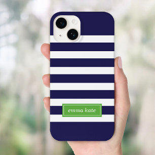 Navy Blue and Green Preppy Stripes Monogram Case-Mate iPhone 14 Case