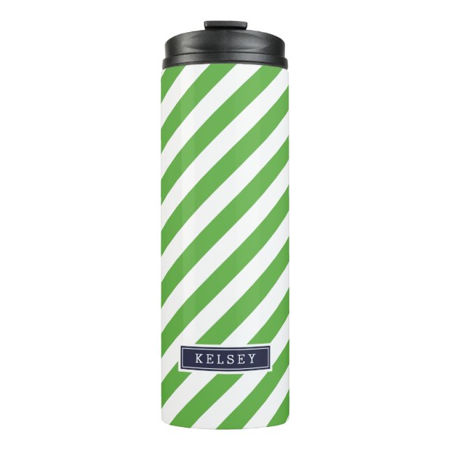 Navy Blue and Green Preppy Stripes Monogram Thermal Tumbler (Front)