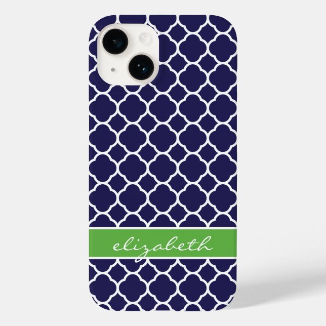 Navy Blue and Green Quatrefoil Monogram Case-Mate iPhone Case (Back)