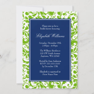 Navy Blue and Green Swirls Damask Bridal Shower Invitation