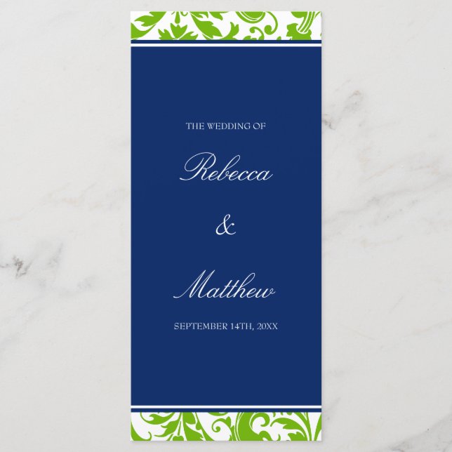 Navy Blue and Green Swirls Damask Wedding Program (Front)