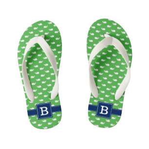 Navy Blue and Green Whales Square Monogram Kid's Thongs