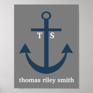 Navy Blue and Grey Anchor Monogram Nursery Print