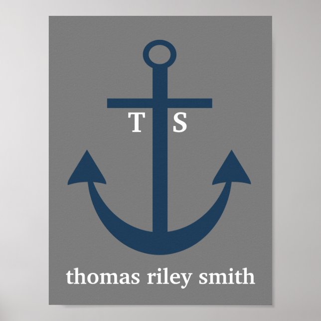 Navy Blue and Grey Anchor Monogram Nursery Print (Front)