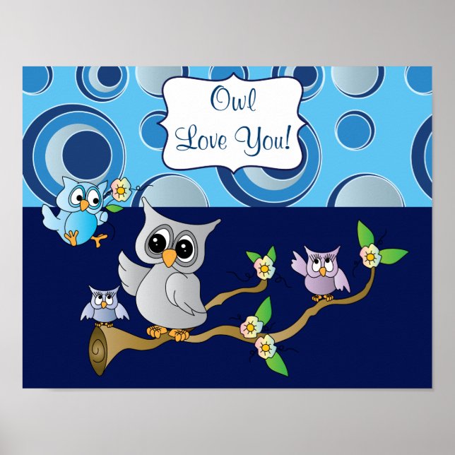 Navy Blue and Grey  Baby Owl Nursery Design Poster (Front)