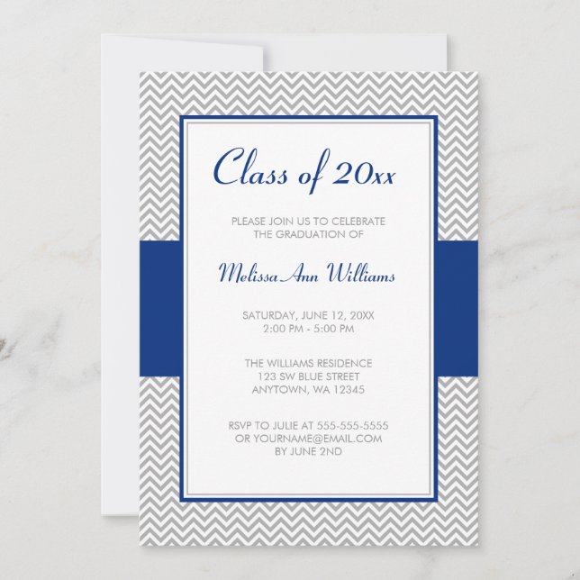 Navy Blue and Grey Chevron Graduation Party Invitation (Front)