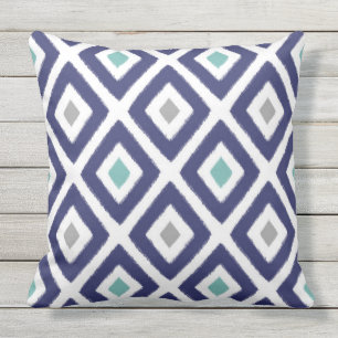 Navy Blue and Grey Ikat Diamond Pattern Outdoor Cushion