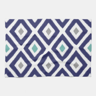 Navy Blue and Grey Ikat Diamond Pattern Tea Towel