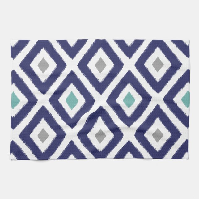 Navy Blue and Grey Ikat Diamond Pattern Tea Towel (Horizontal)