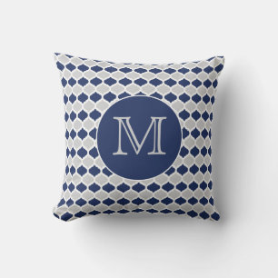 Navy Blue and Grey Quatrefoil Monogram Cushion