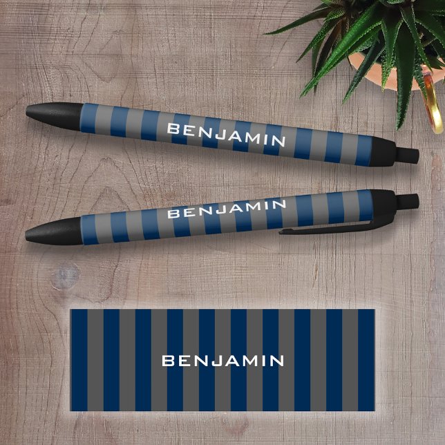 Navy Blue and Grey Rugby Stripes Name Number Black Ink Pen (Personalized Writing Pen )