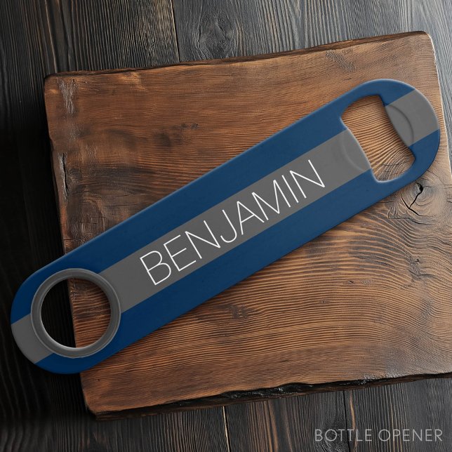 Navy Blue and Grey Rugby Stripes with Custom Name (Custom Bar Key)