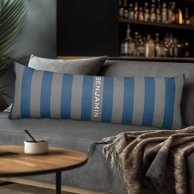 Navy Blue and Grey Rugby Stripes with Custom Name Body Cushion (Custom Body Pillow with a Sports Theme)